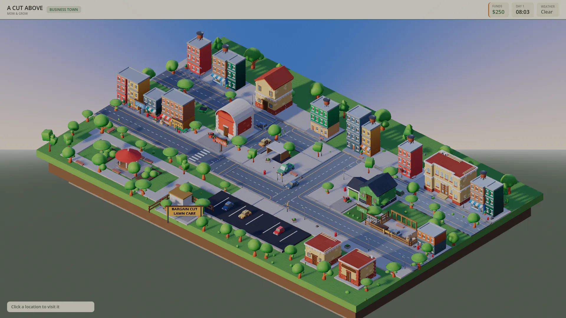 Isometric view of the business town with streets, shops, parked cars and a park
