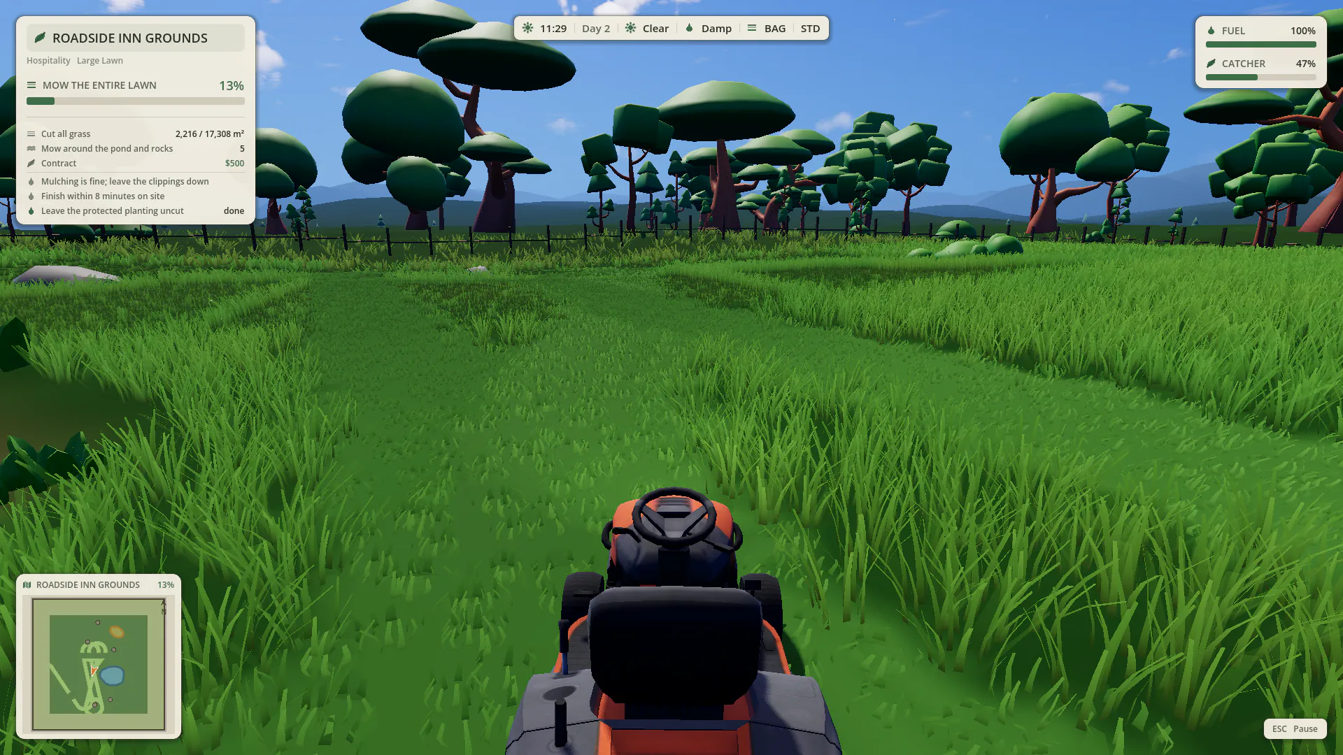 Riding mower partway through a lawn, with the contract checklist, clock, weather, fuel and grass catcher on screen