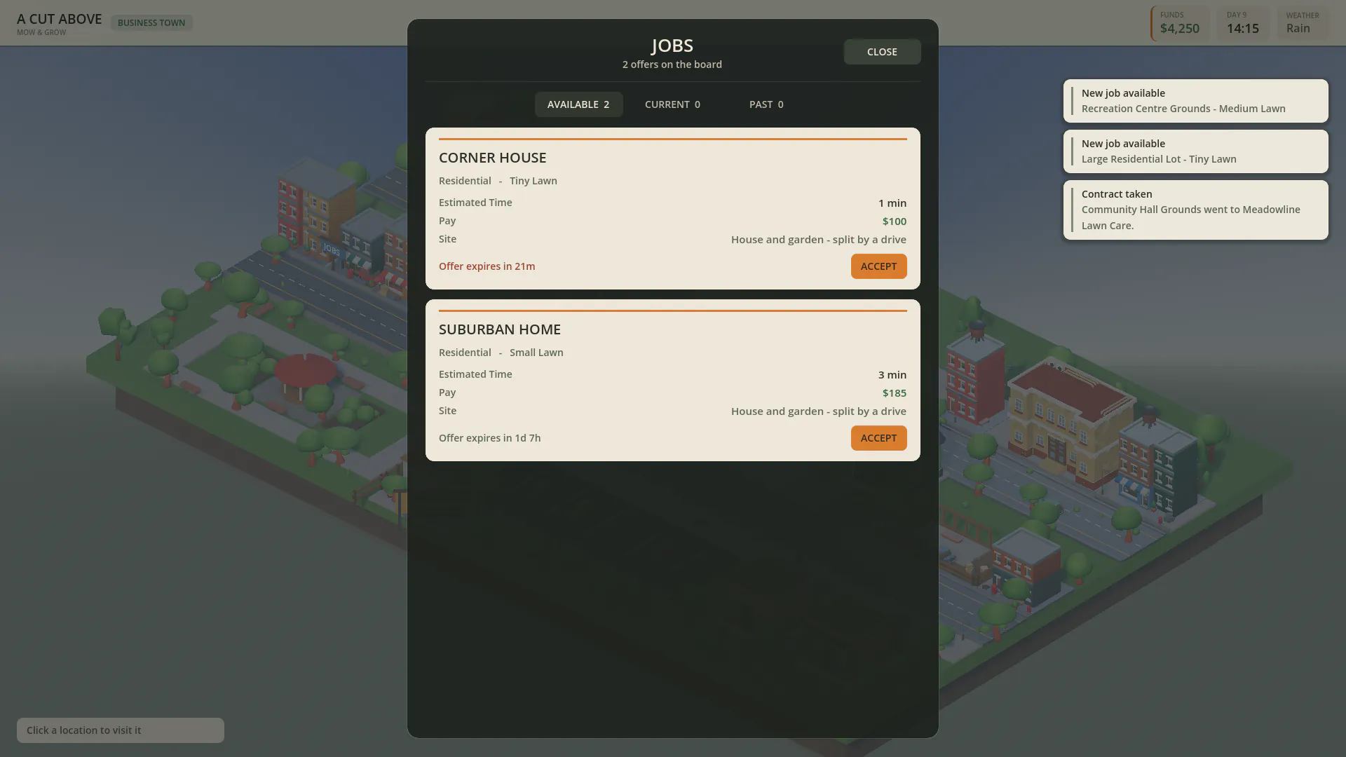 Job board listing two residential contracts with estimated time, pay, site and expiry
