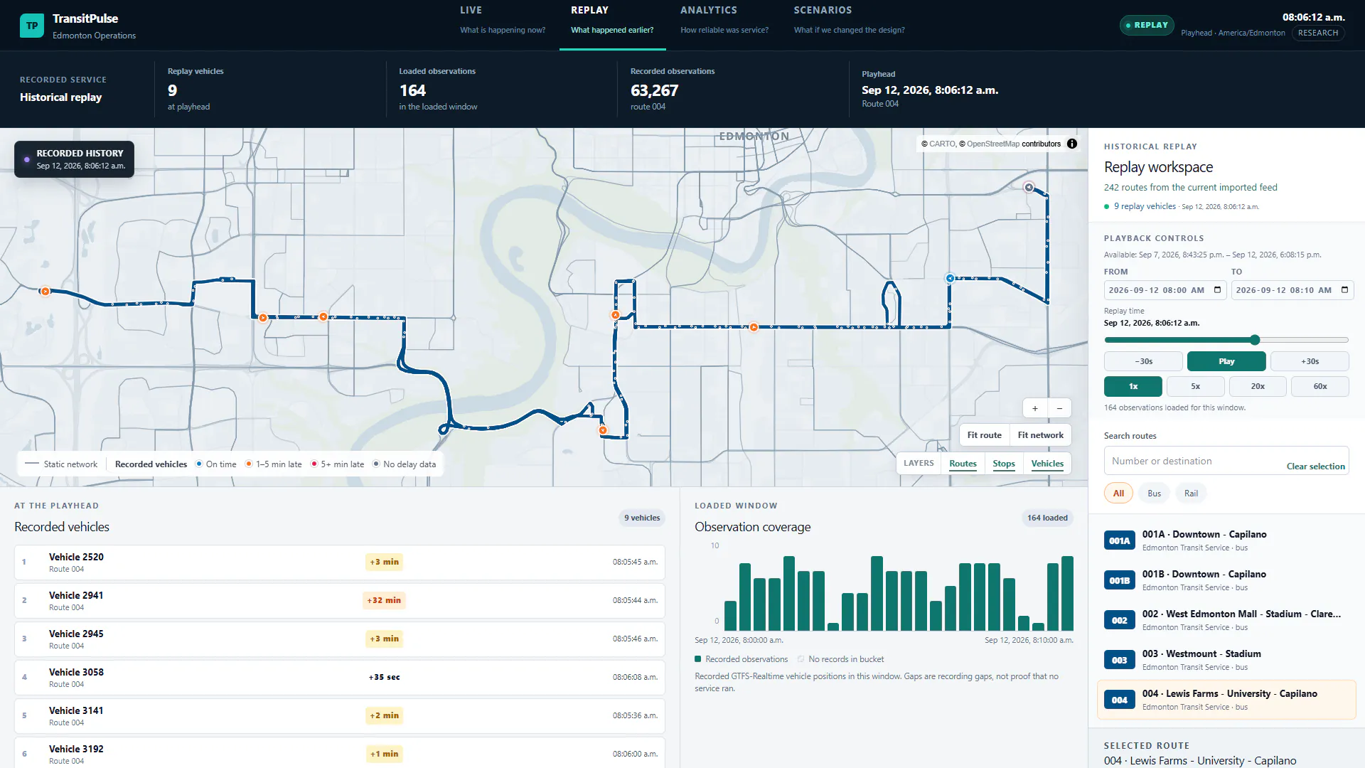 Replay mode showing recorded vehicle positions on a route with an observation coverage chart